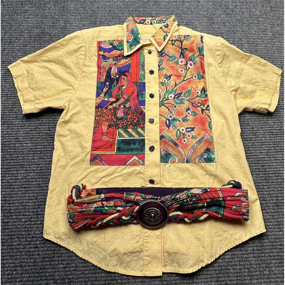 Vintage Howard Wolf‎ Shirt Womens Large Yellow Button Art Print Made USA 90s
